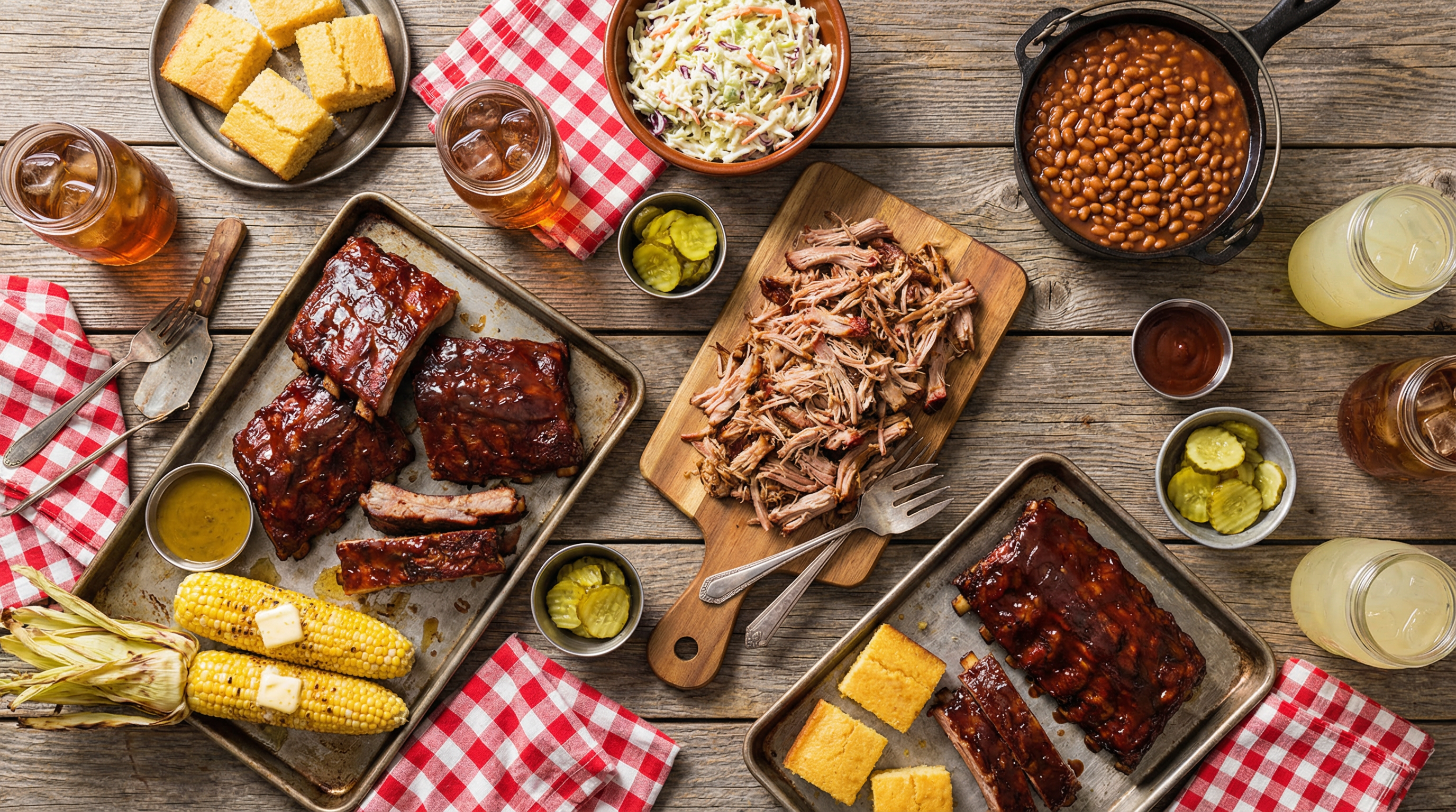 Delicious BBQ spread with ribs, pulled pork, and sides